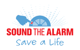 Volunteer to help prevent home fires- Sound the Alarm Save a Life logo- a hand pushing a button on a smoke detector