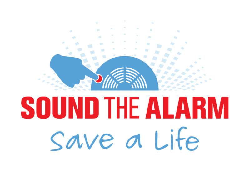 Volunteer to help prevent home fires- Sound the Alarm Save a Life logo- a hand pushing a button on a smoke detector