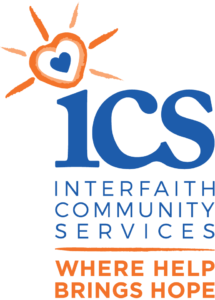 Logo for Interfaith Community Services, blue letters with and orange letters with tagline