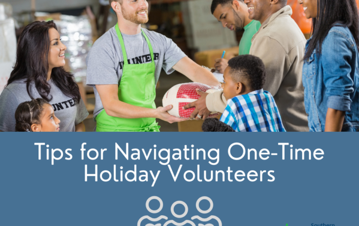 Graphic for blog post featuring volunteers handing out turkeys to families