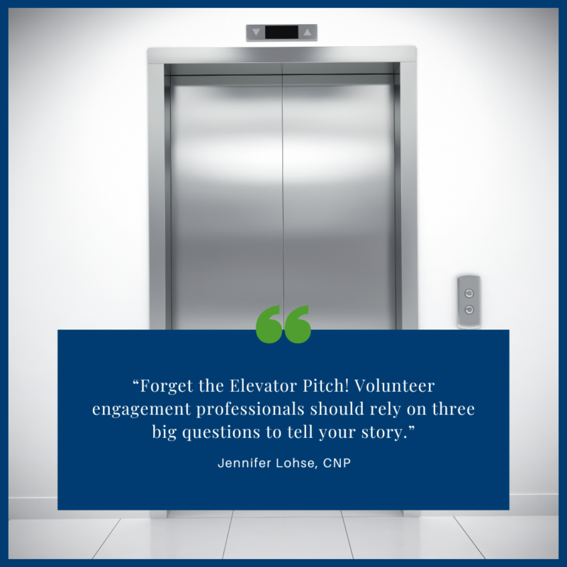 Forget the Elevator Pitch - a picture of elevator doors with a quote over it.